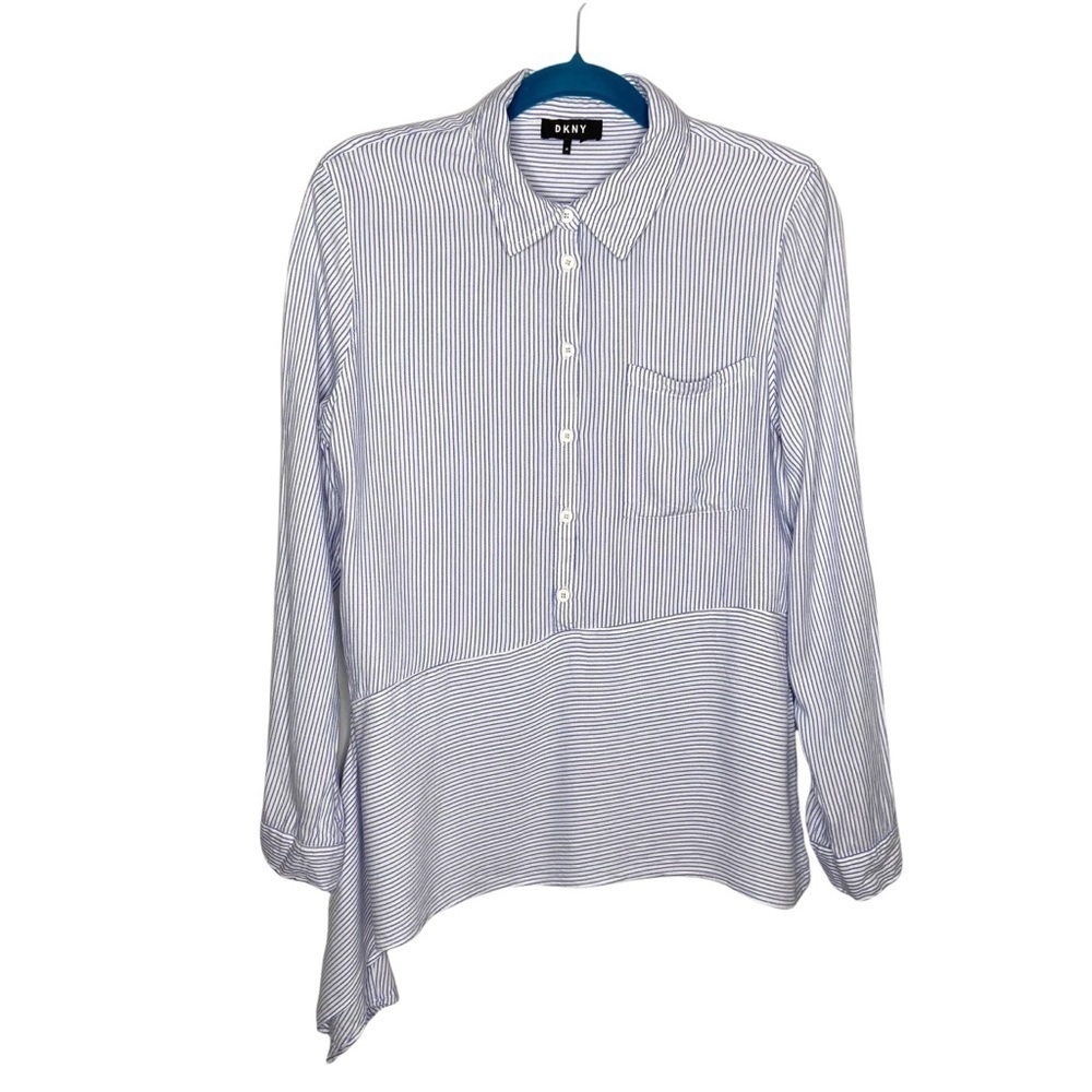 DKNY Pinstriped 100% Rayon Button Popover Roll Tab Sleeve Blouse